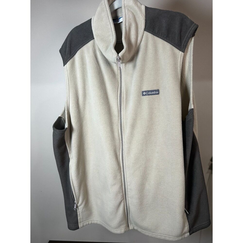 Columbia Men’s Fleece Vest 4XLT Tan Green Outdoor Hiking Layering EUC